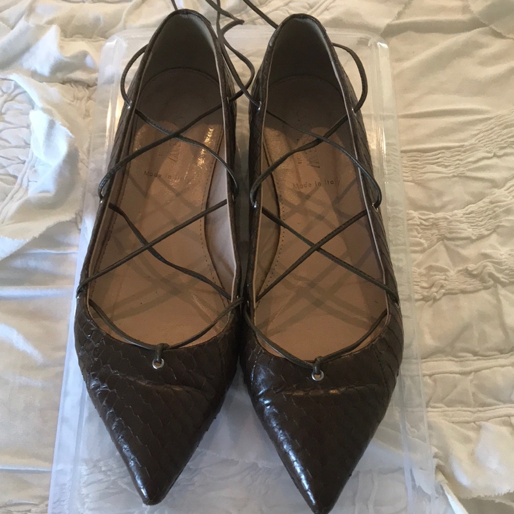 JCrew Snakeskin leather ballet flats with ties